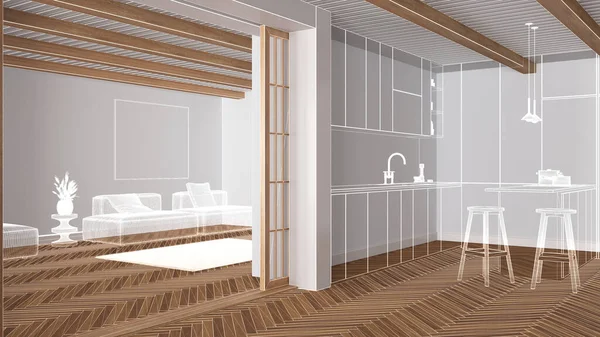 Interior Blanco Vacío Con Suelo Parquet Techo Vigas Proyecto Diseño —  Fotos de Stock