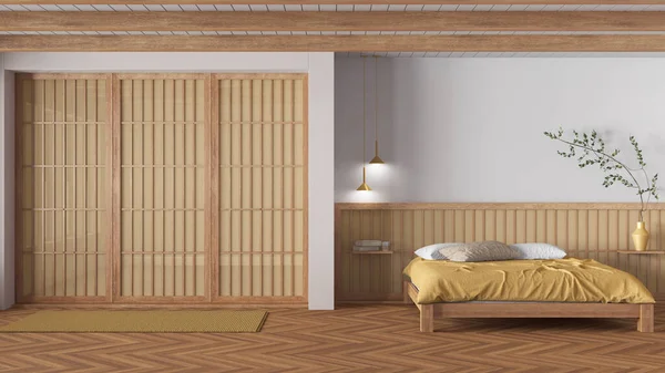 Minimal Japandi Υπνοδωμάτιο Ξύλινους Και Κίτρινους Τόνους Κρεβάτι Πάπλωμα Και — Φωτογραφία Αρχείου