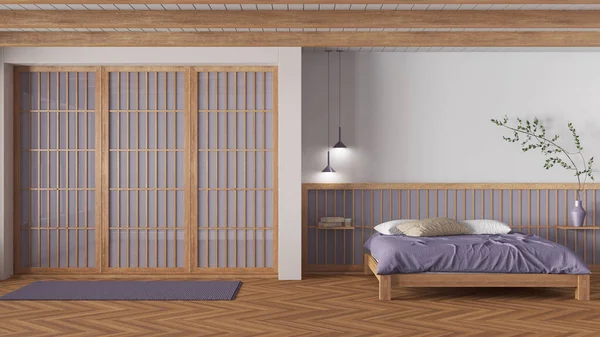 Minimal japandi bedroom in wooden and purple tones. Master bed with duvet and pillows, paper sliding door and herringbone parquet. Clean interior design