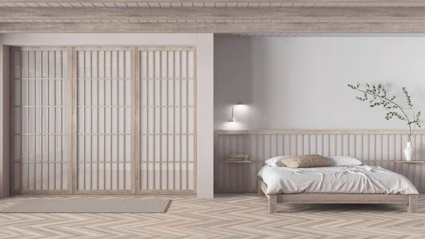 Minimal Japandi Υπνοδωμάτιο Λευκασμένο Ξύλινο Και Λευκό Τόνους Κρεβάτι Πάπλωμα — Φωτογραφία Αρχείου