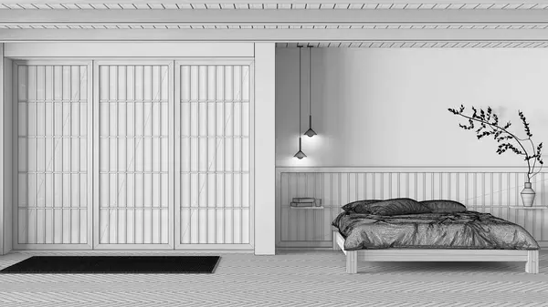 Blueprint Projet Inachevé Brouillon Chambre Coucher Minimale Japandi Lit Maître — Photo