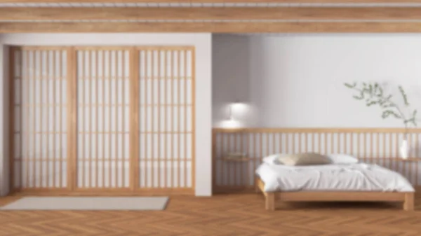 Dimmig Bakgrund Minimalt Japanskt Sovrum Master Säng Med Påslakan Och — Stockfoto