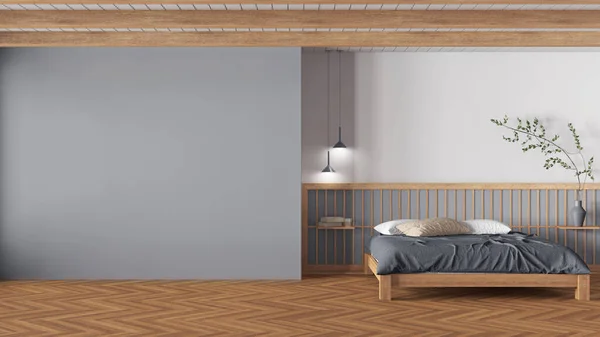 Minimal Japandi Υπνοδωμάτιο Ξύλινες Και Γκρι Αποχρώσεις Mockup Χώρο Αντιγραφής — Φωτογραφία Αρχείου