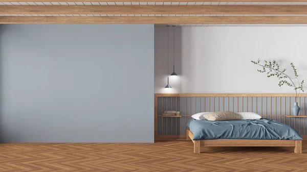 Minimal Japandi Υπνοδωμάτιο Ξύλινους Και Μπλε Τόνους Mockup Χώρο Αντιγραφής — Φωτογραφία Αρχείου