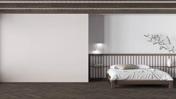 Mínimo Dormitorio Japandi Tonos Madera Oscura Blanco Mockup Con Espacio —  Fotos de Stock