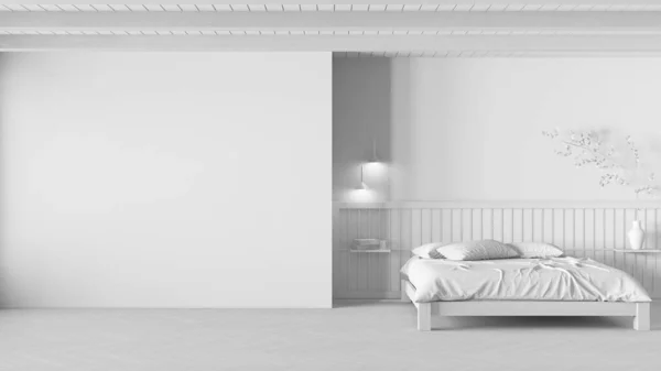 Borrador Proyecto Blanco Total Dormitorio Japandi Mínimo Mockup Con Espacio — Foto de Stock