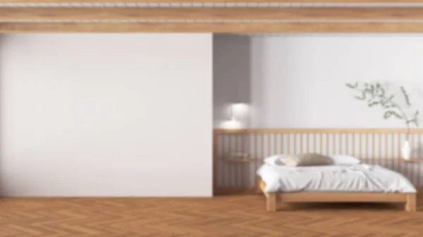 模糊的背景 最小的日本卧室 带复制空间的模型 主床与羽绒和枕头 纸张滑动门和花束 清洁室内设计 — 图库照片