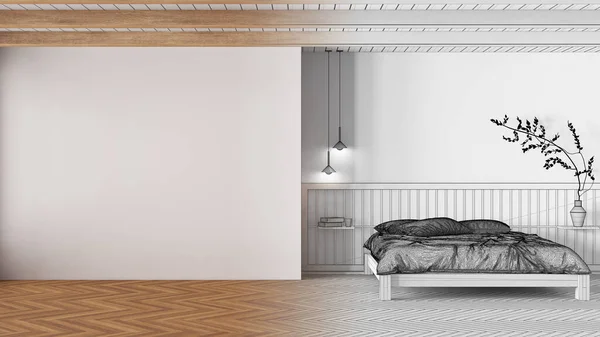 建筑师室内设计理念 手绘草稿未完成的工程 成为真正的 最小的日本卧室 带复制空间的模型 纸滑动门和护目板 — 图库照片