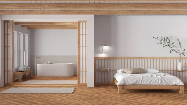 Minimal Japandi Υπνοδωμάτιο Και Μπάνιο Ξύλινους Και Λευκούς Τόνους Διπλό — Φωτογραφία Αρχείου
