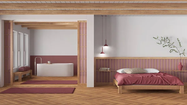 Спальня Ванная Деревянных Красных Тонах Двуспальная Кровать Подушками Отдельная Ванна — стоковое фото