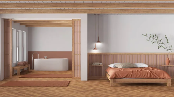 Спальня Ванная Деревянных Оранжевых Тонах Двуспальная Кровать Подушками Отдельная Ванна — стоковое фото