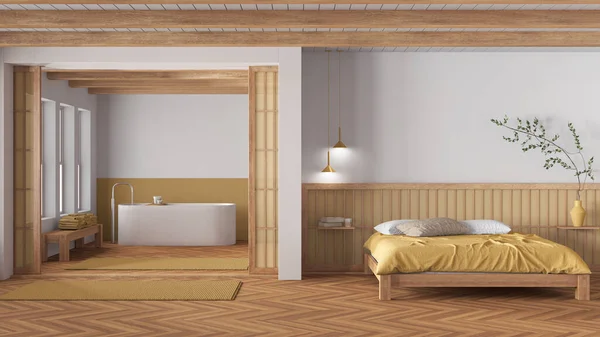 Спальня Ванная Деревянных Желтых Тонах Двуспальная Кровать Подушками Отдельная Ванна — стоковое фото