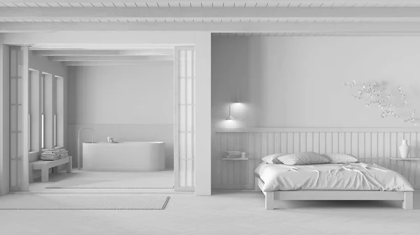 整个白色工程草案 最小的日本卧室和浴室 双人床 有枕头 独立浴缸和鲱鱼窝 现代室内设计 — 图库照片