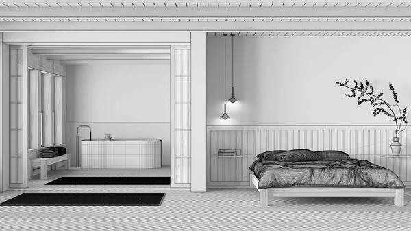 蓝图未完成的项目草稿 最小的日本卧室和浴室 双人床 有枕头 独立浴缸和鲱鱼窝 现代室内设计 — 图库照片