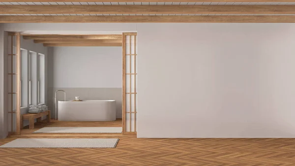 Minimal Japandi Bathroom Wooden White Tones Mockup Copy Space Freestanding — Stock Photo, Image