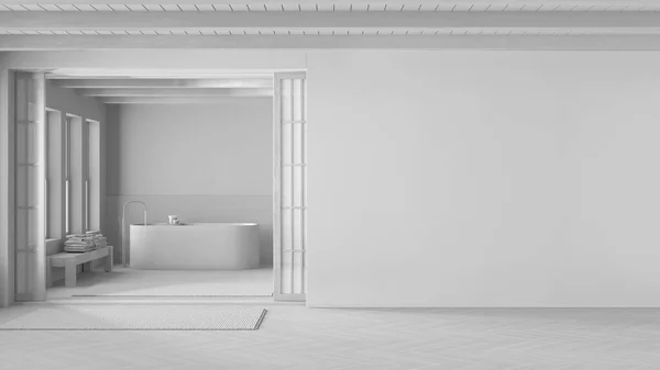 Projecto Branco Total Casa Banho Mínima Japandi Mockup Com Espaço — Fotografia de Stock