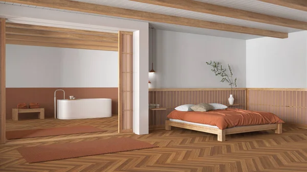 木製とオレンジの色調で最小限のジャパンディベッドルームとバスルーム 枕付きのダブルベッド 自立したバスタブとハーリンボーンの寄木細工の床 モダンなインテリアデザイン — ストック写真