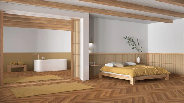 木製と黄色の色調で最小限のジャパンディベッドルームとバスルーム 枕付きのダブルベッド 自立したバスタブとハーリンボーンの寄木細工の床 モダンなインテリアデザイン — ストック写真
