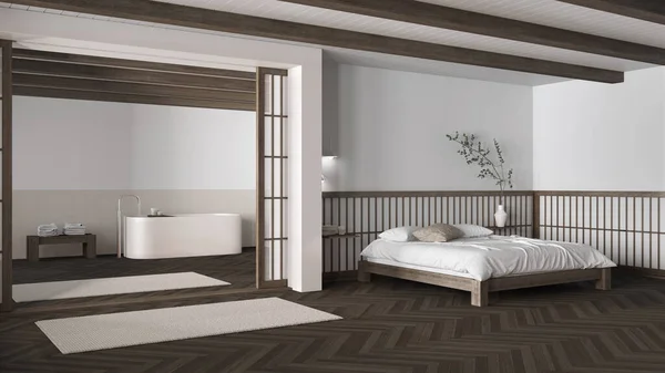 Minimal Japandi Υπνοδωμάτιο Και Μπάνιο Σκούρο Ξύλινο Και Λευκό Τόνους — Φωτογραφία Αρχείου