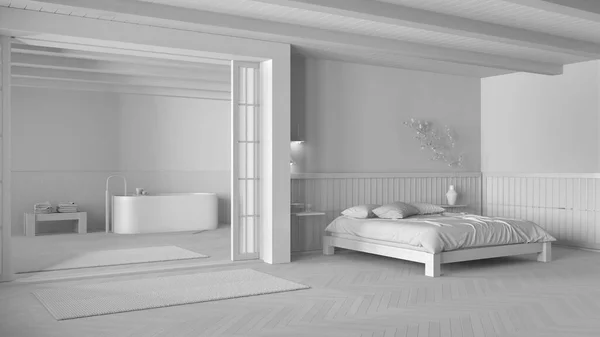 Borrador Proyecto Blanco Total Dormitorio Baño Mínimos Japandi Cama Doble — Foto de Stock