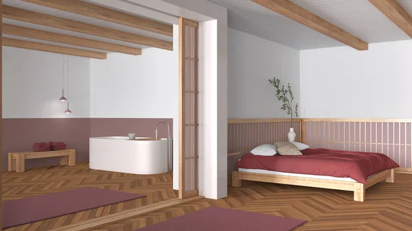 화장실은 나무와 색조로 베개를 이중으로 욕조를 응접실을 바닥에 놓는다 현대식 — 스톡 사진