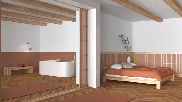 화장실 이나무와 오렌지 색으로 베개를 이중으로 욕조를 응접실을 바닥에 놓는다 — 스톡 사진