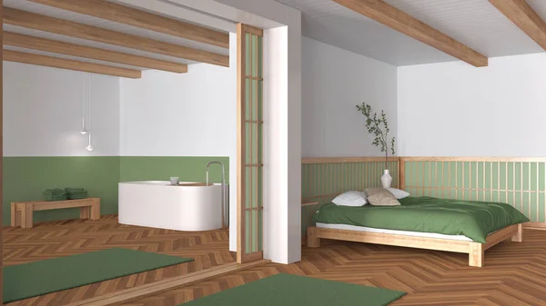 Спальня Ванная Деревянных Зеленых Тонах Двуспальная Кровать Подушками Отдельная Ванна — стоковое фото