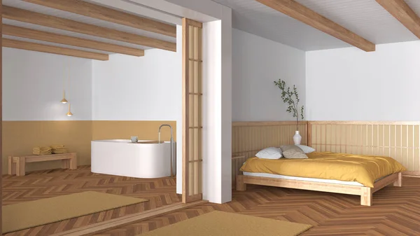 Mínimo Dormitorio Baño Japandi Tonos Madera Amarillo Cama Doble Con —  Fotos de Stock