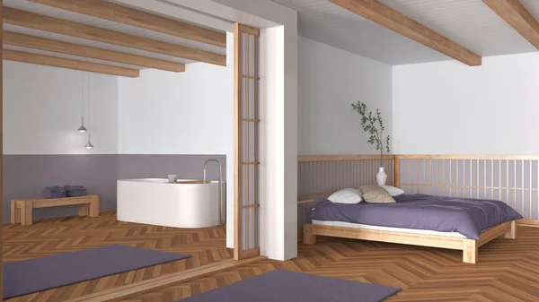 Спальня Ванная Деревянных Фиолетовых Тонах Двуспальная Кровать Подушками Отдельная Ванна — стоковое фото