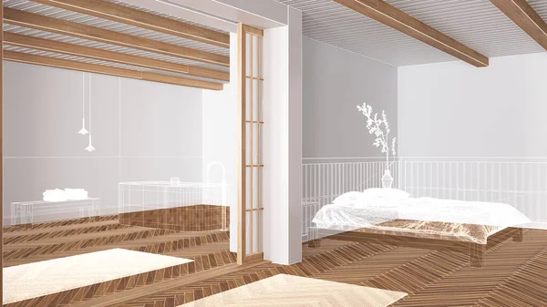 Interior Branco Vazio Com Piso Parquet Teto Vigas Projeto Design — Fotografia de Stock
