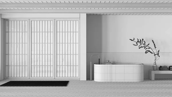 模糊的背景 最小的日本浴室 纸滑动门 独立的浴缸 马赛克瓷砖和鲱鱼片 现代室内设计 — 图库照片