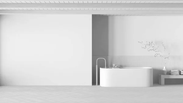 整个白色工程草案 最小的日本浴室 带复制空间的模型 独立的浴缸 马赛克瓷砖和鲱鱼片 现代室内设计 — 图库照片