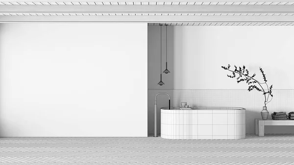 Ritning Oavslutat Projektutkast Minimalt Japanskt Badrum Mockup Med Kopieringsutrymme Fristående — Stockfoto