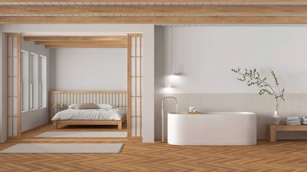Japandi Μπάνιο Και Υπνοδωμάτιο Ξύλινους Και Λευκούς Τόνους Ελεύθερη Μπανιέρα — Φωτογραφία Αρχείου