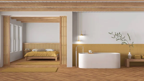 Japandi Badkamer Slaapkamer Houten Gele Tinten Vrijstaand Bad Master Bed — Stockfoto