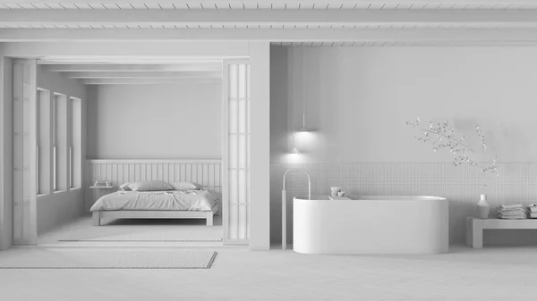 総白のプロジェクトの草案 ジャパンディバスルームとベッドルーム 自立した浴槽 デュベットとハーリンボーンの寄木細工の床とマスターベッド ミニマルなインテリアデザイン — ストック写真