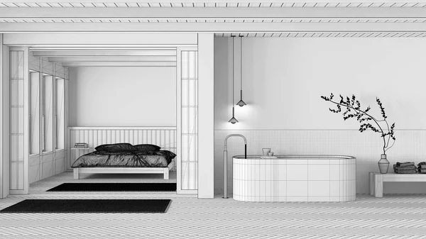 蓝图未完成的项目草稿 日本浴室和卧室 独立的浴缸 主卧与羽绒和鲱鱼骨地板 最低室内设计 — 图库照片