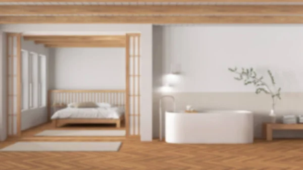 Homályos Háttér Japandi Fürdőszoba Hálószoba Szabadonálló Fürdőkád Ágynemű Paplannal Heringcsont — Stock Fotó