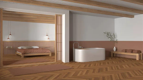 Japonská Koupelna Ložnice Dřevěných Oranžových Tónech Volně Stojící Vana Hlavní — Stock fotografie