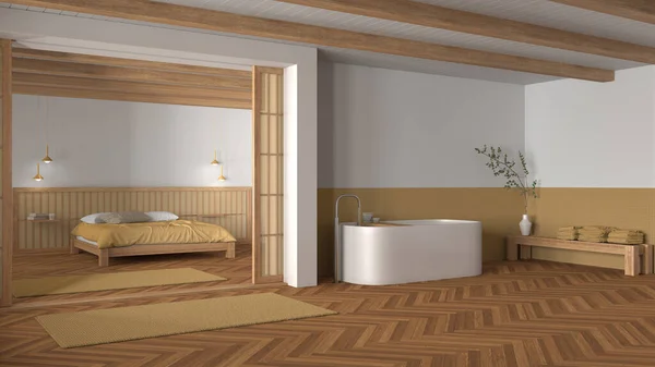 Τζαπάντι Μπάνιο Και Υπνοδωμάτιο Ξύλινους Και Κίτρινους Τόνους Ελεύθερη Μπανιέρα — Φωτογραφία Αρχείου