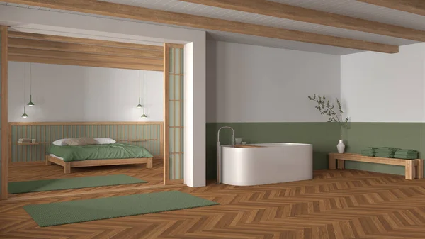 Ванная Спальня Деревянных Зеленых Тонах Отдельно Стоящая Ванна Главная Кровать — стоковое фото