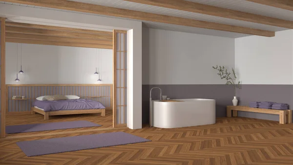 Japandi bathroom and bedroom in wooden and purple tones. Freestanding bathtub, master bed with duvet and herringbone parquet floor. Minimal interior design