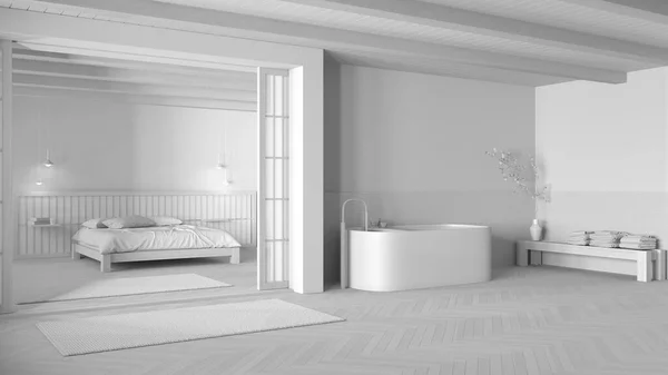 Celkový Návrh Projektu Koupelna Ložnice Japandi Volně Stojící Vana Hlavní — Stock fotografie