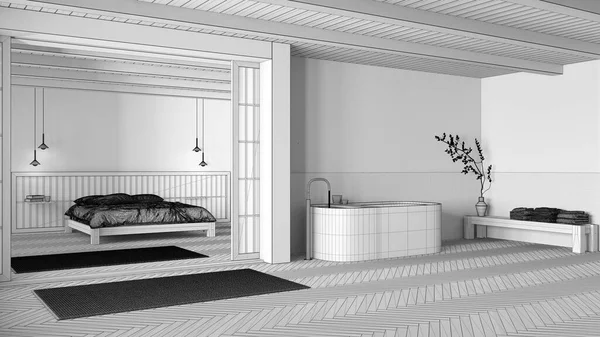 未完成の青写真プロジェクトの草案 ジャパンディバスルームとベッドルーム 自立した浴槽 デュベットとハーリンボーンの寄木細工の床とマスターベッド ミニマルなインテリアデザイン — ストック写真