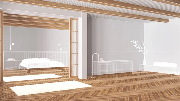 Lege Witte Interieur Met Parketvloer Balken Plafond Aangepaste Architectuur Ontwerp — Stockfoto