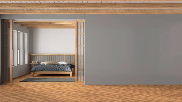 Υπνοδωμάτιο Japandi Ξύλινες Και Γκρι Αποχρώσεις Κρεβάτι Πάπλωμα Και Μαξιλάρια — Φωτογραφία Αρχείου