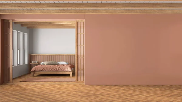 Κρεβατοκάμαρα Japandi Ξύλινους Και Πορτοκαλί Τόνους Κρεβάτι Πάπλωμα Και Μαξιλάρια — Φωτογραφία Αρχείου