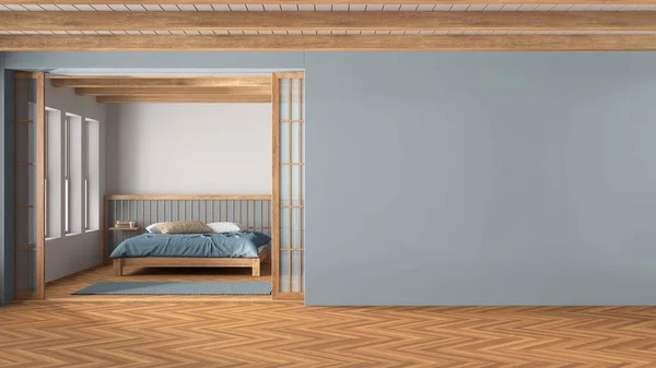 Sypialnia Japandi Odcieniach Drewna Błękitu Łóżko Główne Kołdrą Poduszkami Papierowe — Zdjęcie stockowe