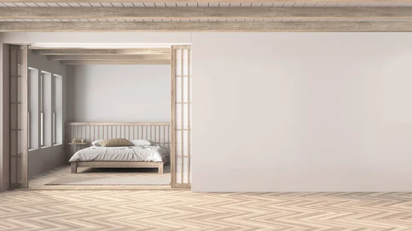 Спальня Japandi Отбеленных Деревянных Белых Тонах Мастерская Одеялом Подушками Бумажной — стоковое фото