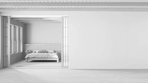 Borrador Proyecto Blanco Total Dormitorio Japandi Cama Principal Con Edredón —  Fotos de Stock